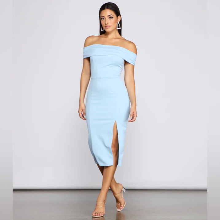 Windsor Light Blue Off-Shoulder Midi Dress